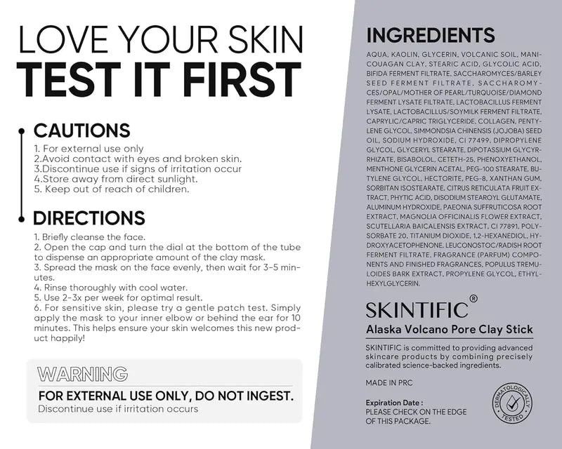 SKINTIFIC Alaska Volcano Pore Clay Stick - ingredients, directions and cautions