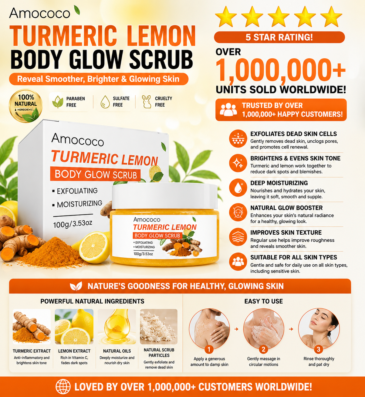 Amococo Turmeric Body Glow Scrub – Deep Exfoliate, Brighten & Moisturize, 9.9 oz / 280g