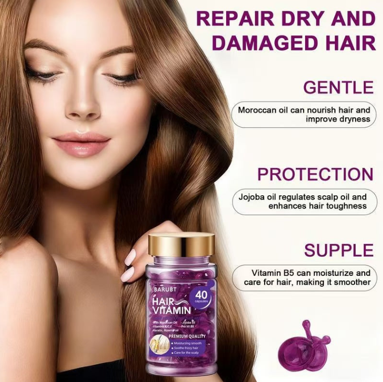 BARUBT Hair Vitamin Oil Capsules – 40 Capsules, Moroccan Oil, Jojoba Oil, Keratin, Vitamins A C E & Pro-B5, Repairs Dry Damaged Frizzy Hair