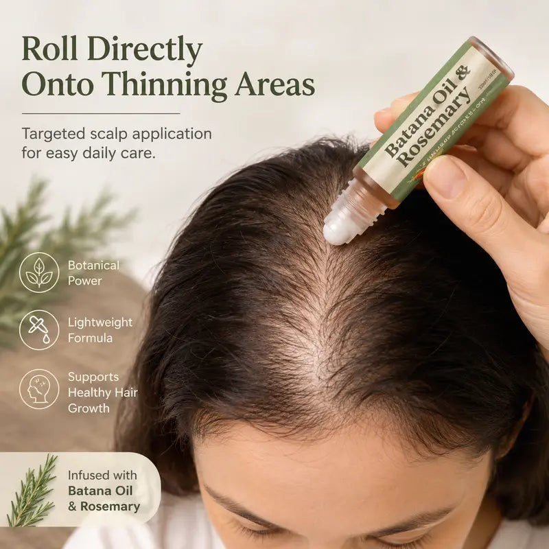 FUNZOO Batana Oil & Rosemary Hair Growth Serum Roll-On product bottle with rosemary sprig