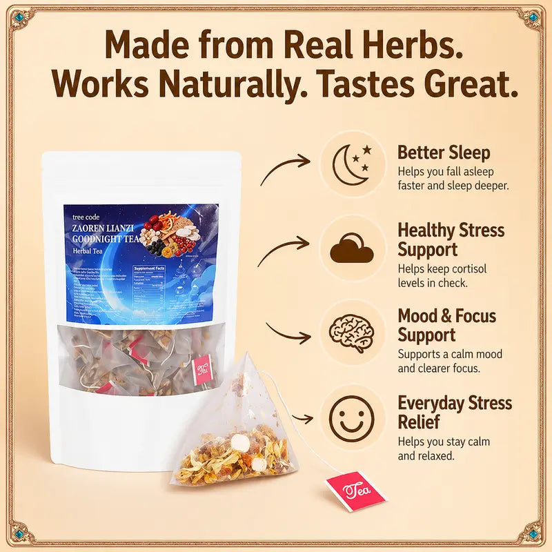 Treecode Zaoren Lianzi Goodnight Tea – Melatonin-Free Deep Sleep Herbal Tea, 11 Natural Herbs, Caffeine-Free (30/60 Ct)