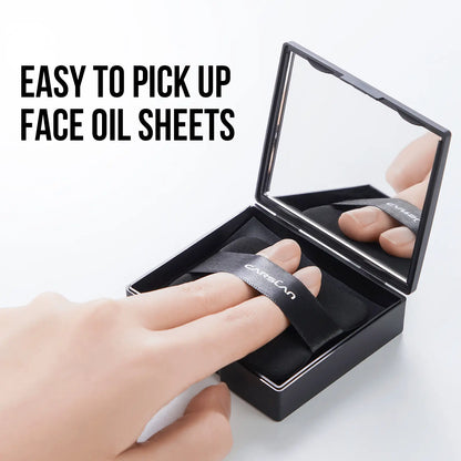 CARSLAN Black Magnet Oil Blotting Setting Sheet With Powder More Control Oil Keep Fresh 2 IN 1 Blotting Sheet with Mirror Puff & Recyclable Case, 450 Sheets 1 Box 2 Refills, Oil Sucker Blotting Paper, For Touch Up