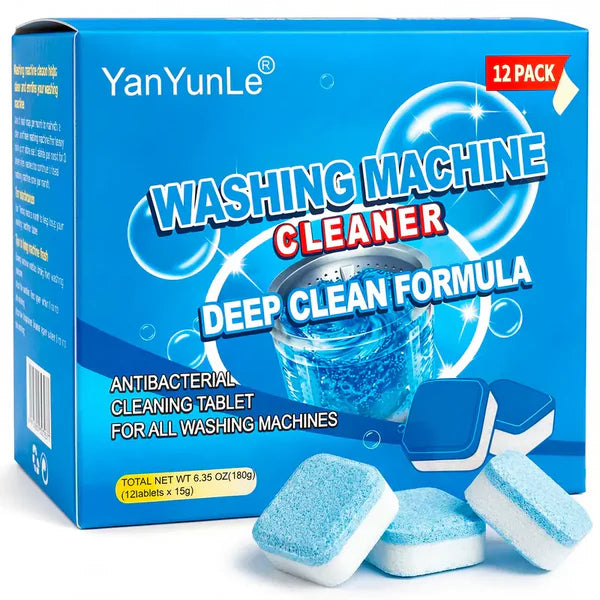 YanYunLe Washing Machine Cleaner Tablets – 12-Pack (180g), Deep Clean Formula, Antibacterial, Removes Odors & Residue, Fits All Washing Machines