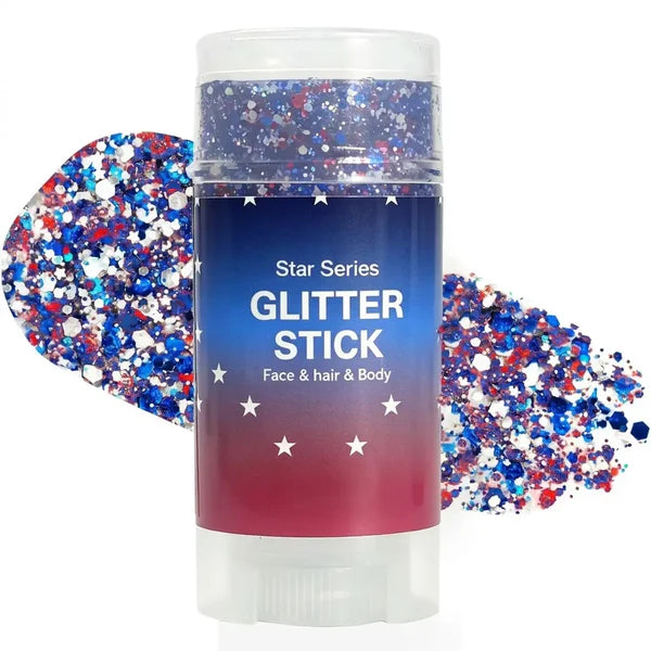 4th of July Glitter Stick – Star Series Red White & Blue Face Hair & Body Sparkle, Waterproof & Sweatproof, Easy Wash, Perfect for Independence Day Party & Festival