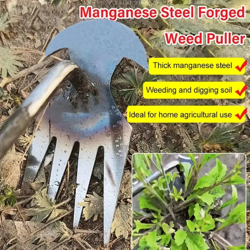 Manganese Steel Forged Weeding Tool – 4-Tooth Nail Rake with Crescent Hook, 3-in-1 Shovel Weed Puller & Soil Loosener, Durable Garden Weeding Artifact