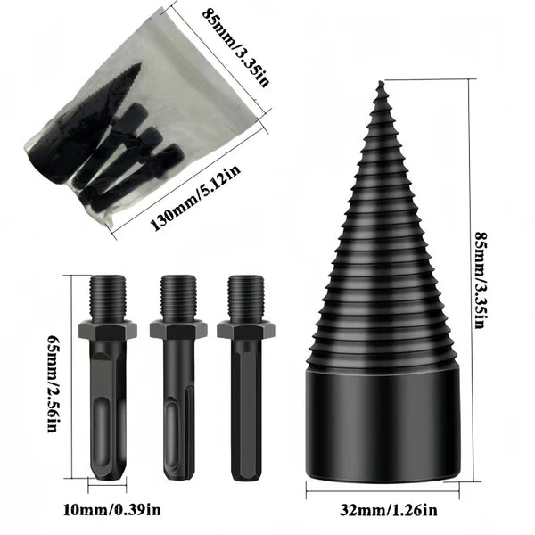 Firewood Splitter Drill Bit Set – 32mm Wood Splitting Cone, High Carbon Steel, Round + Square + Hex Shank, Fits Impact Drill Electric Hammer & Hand Drill