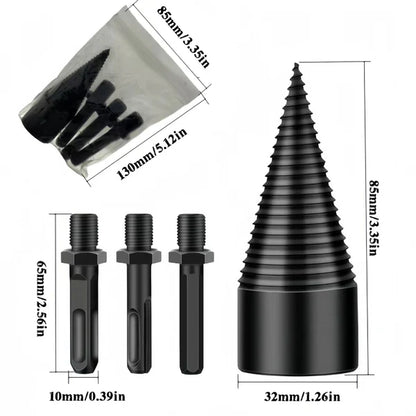 Firewood Splitter Drill Bit Set – 32mm Wood Splitting Cone, High Carbon Steel, Round + Square + Hex Shank, Fits Impact Drill Electric Hammer & Hand Drill