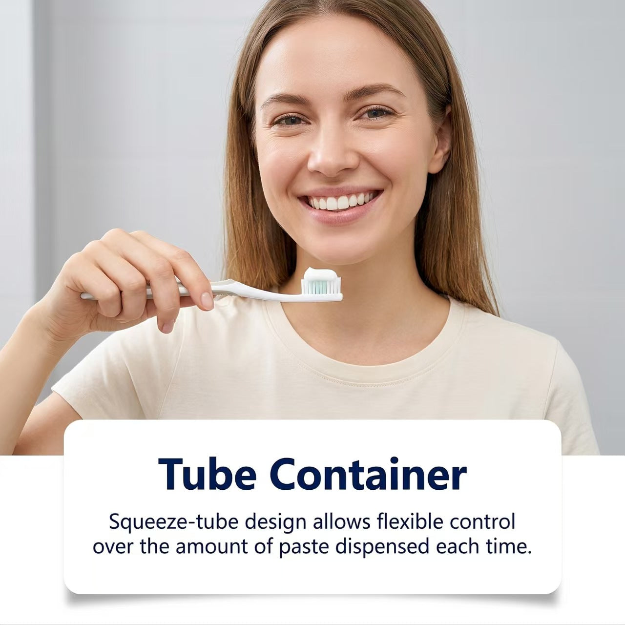 Tube container squeeze design for flexible dispensing