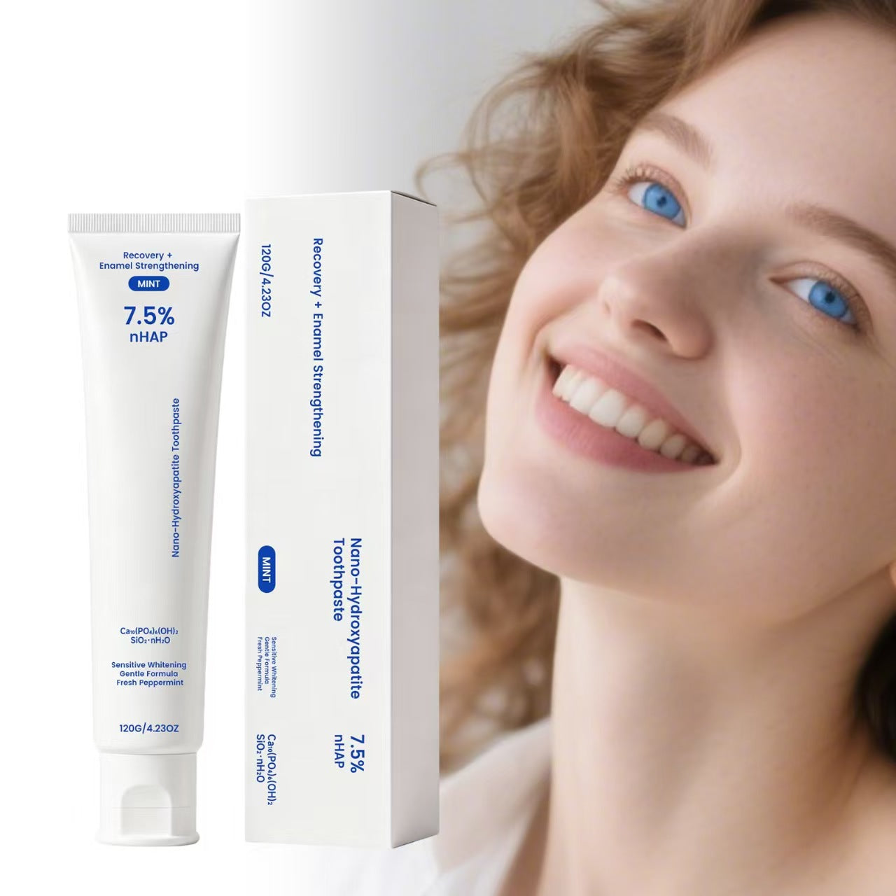 Nano-Hydroxyapatite Toothpaste with smiling woman