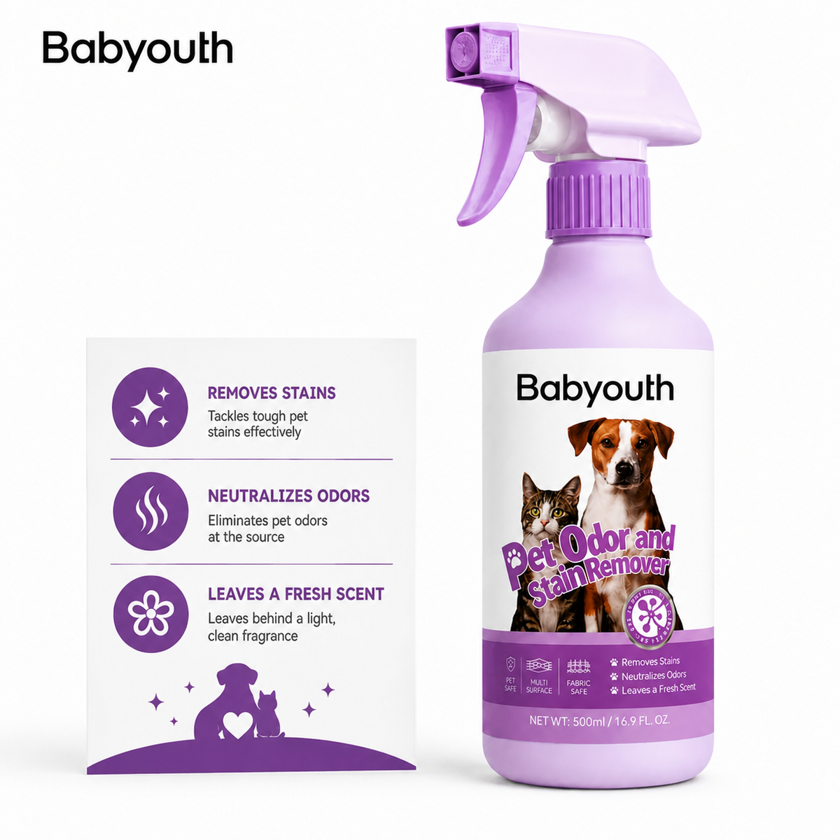 Babyouth Pet Odor and Stain Remover 500ml spray bottle