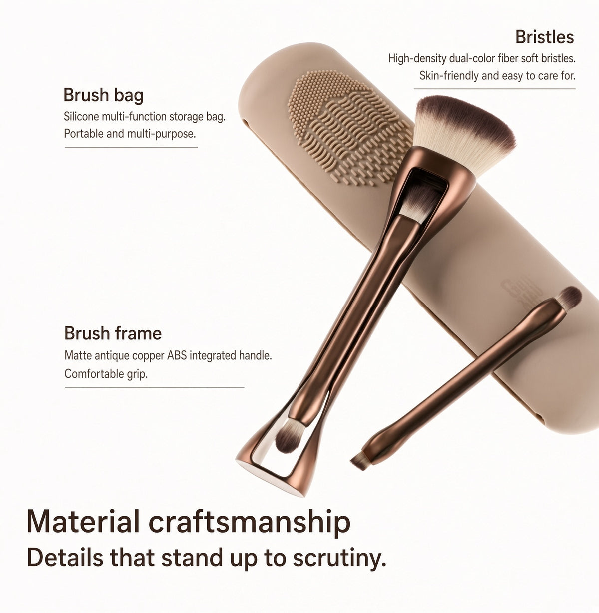 Fiber bristles, copper-colored handles and silicone brush pouch