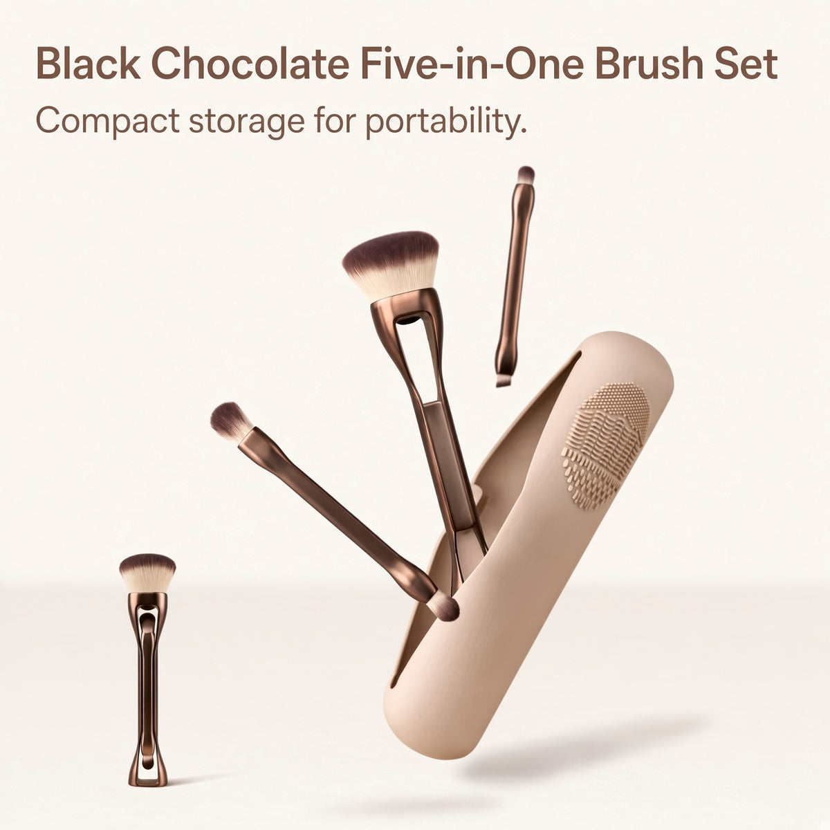 Chocolate-toned magnetic makeup brush set with beige silicone pouch
