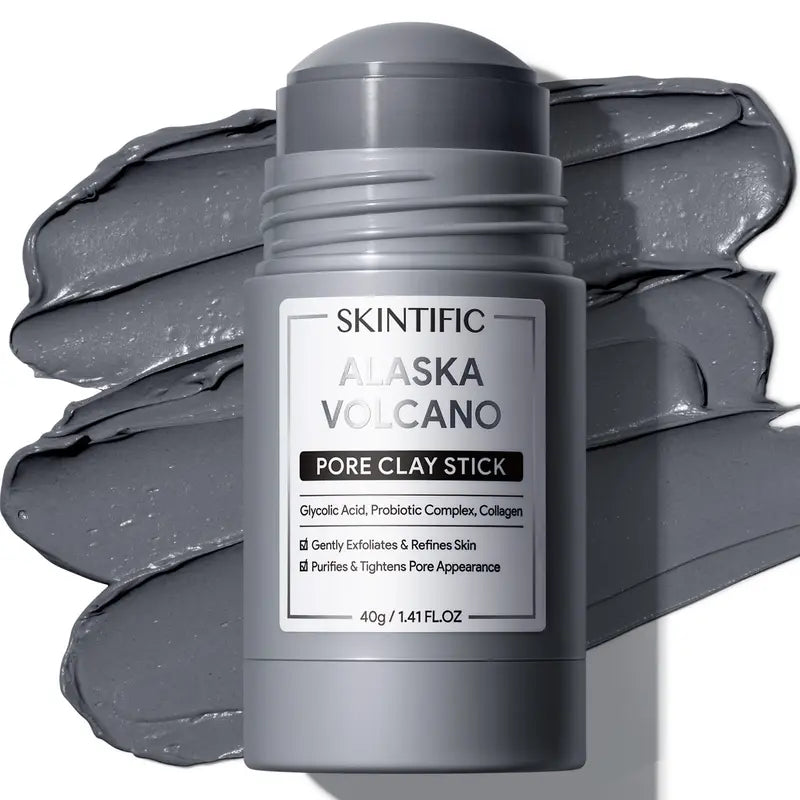 SKINTIFIC Alaska Volcano Pore Clay Stick product shot with clay texture background