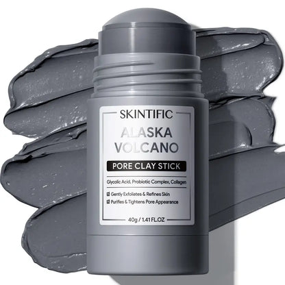 SKINTIFIC Alaska Volcano Pore Clay Stick product shot with clay texture background