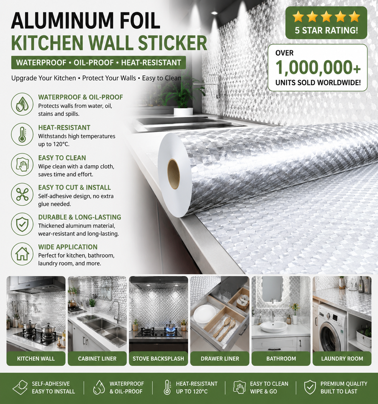 Aluminum Foil Kitchen Wallpaper – Self-Adhesive Oil-Proof Backsplash Contact Paper, Waterproof Heat-Resistant Cabinet Liner, 15.7×118 Inches, Cube Texture Silver
