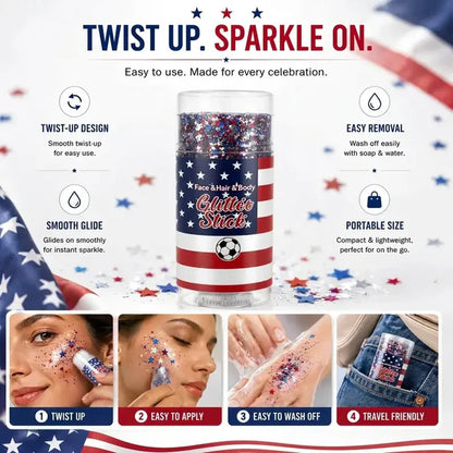 4th of July Glitter Stick – Star Series Red White & Blue Face Hair & Body Sparkle, Waterproof & Sweatproof, Easy Wash, Perfect for Independence Day Party & Festival