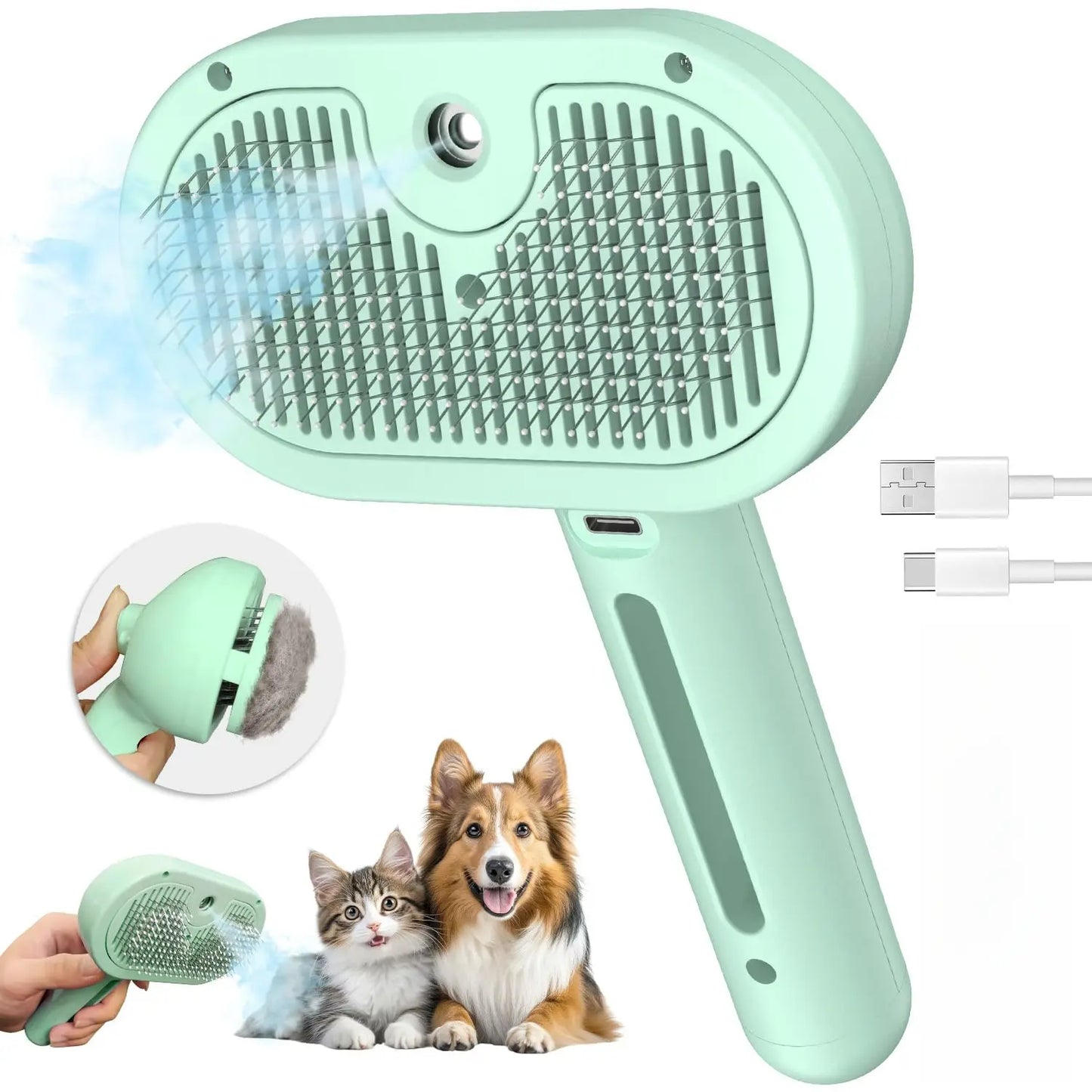 3-in-1 Steam Pet Brush – Self-Cleaning Grooming Comb for Dogs & Cats (White)