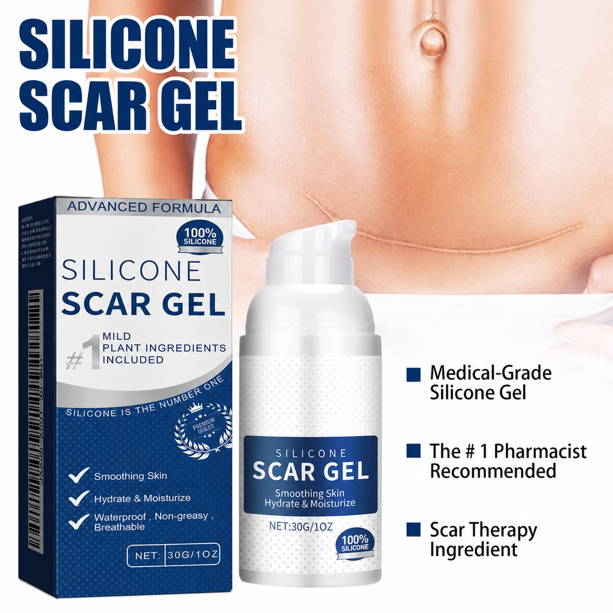 A lightweight, easily absorbed formula that helps smooth and fade surgical and C-section scars; specially designed for skin repair and suitable for beauty, personal care, and body care.