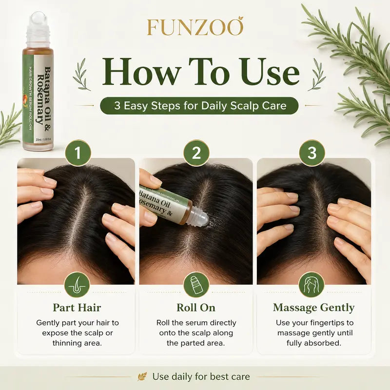 Roll directly onto thinning areas — targeted scalp application