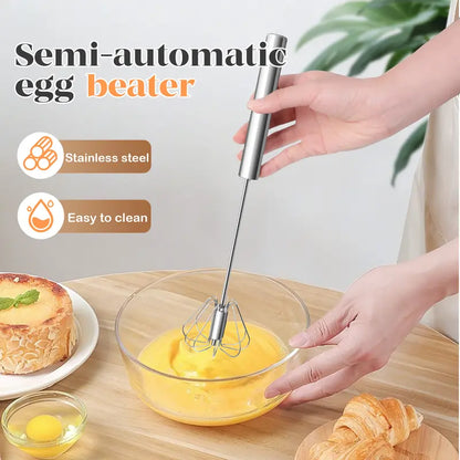 TOCOLES Semi-Automatic Stainless Steel Whisk – Hand-Push Rotary Egg Beater, Food-Grade Rust-Resistant, Riveted Construction, Easy to Clean, for Eggs Coffee & Cream