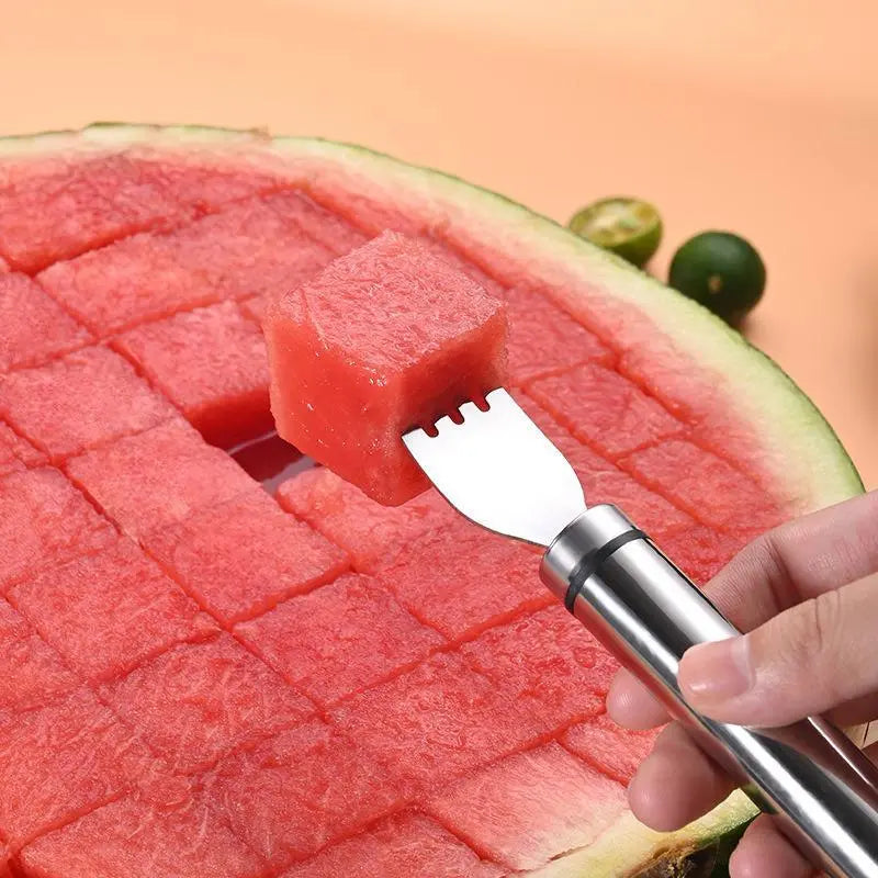 2-in-1 Watermelon Fork Slicer Cutter – 2-Pack Stainless Steel, Cuts Perfect Cubes in 4 Steps, Portable for Camping Picnics & Home Use