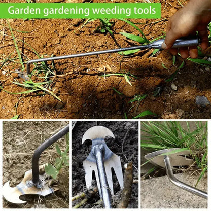 Manganese Steel Forged Weeding Tool – 4-Tooth Nail Rake with Crescent Hook, 3-in-1 Shovel Weed Puller & Soil Loosener, Durable Garden Weeding Artifact