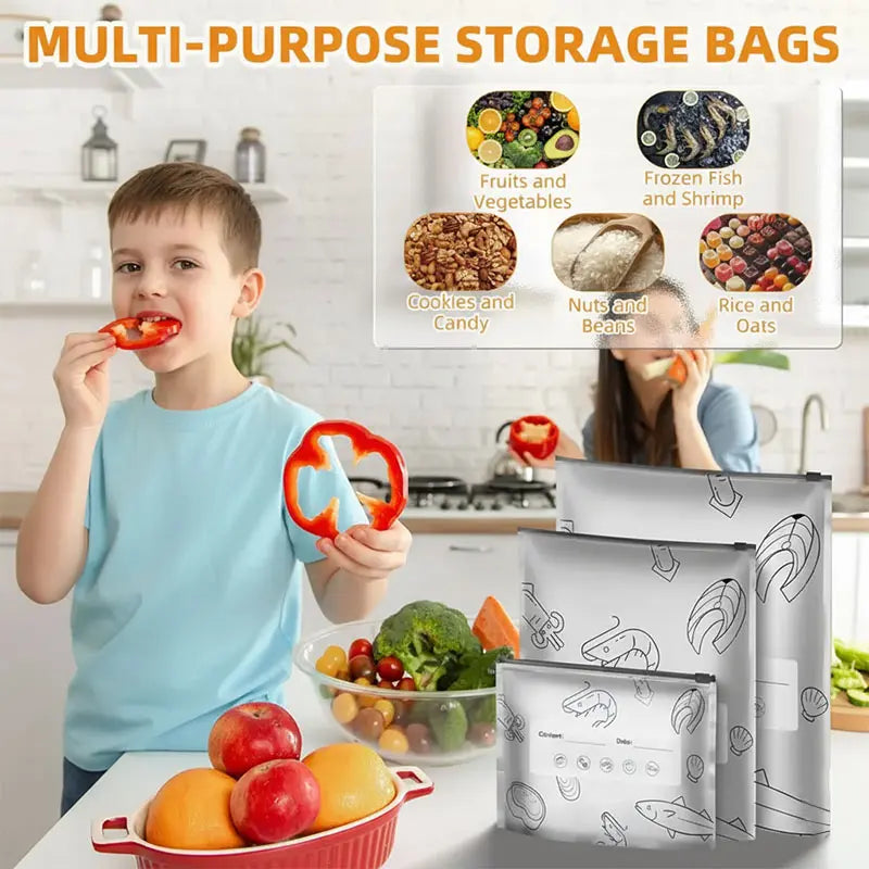 Reusable Aluminum Foil Upright Storage Bags – Thickened, Zipper Lock, Writable Label, Washable, Freezer Safe for Vegetables Fruits Meat