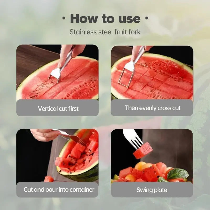 2-in-1 Watermelon Fork Slicer Cutter – 2-Pack Stainless Steel, Cuts Perfect Cubes in 4 Steps, Portable for Camping Picnics & Home Use