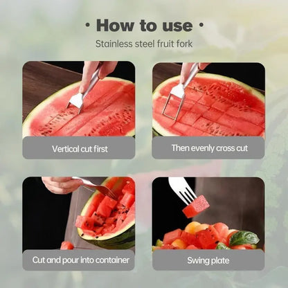 2-in-1 Watermelon Fork Slicer Cutter – 2-Pack Stainless Steel, Cuts Perfect Cubes in 4 Steps, Portable for Camping Picnics & Home Use