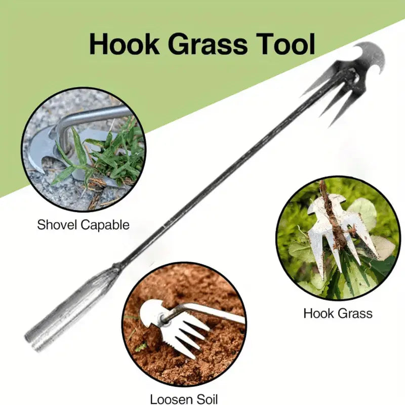 Manganese Steel Forged Weeding Tool – 4-Tooth Nail Rake with Crescent Hook, 3-in-1 Shovel Weed Puller & Soil Loosener, Durable Garden Weeding Artifact