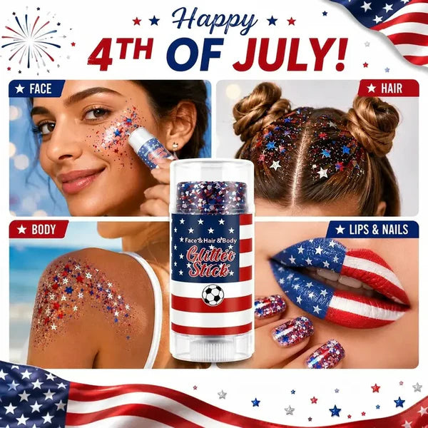 4th of July Glitter Stick – Star Series Red White & Blue Face Hair & Body Sparkle, Waterproof & Sweatproof, Easy Wash, Perfect for Independence Day Party & Festival