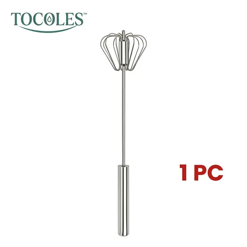 TOCOLES Semi-Automatic Stainless Steel Whisk – Hand-Push Rotary Egg Beater, Food-Grade Rust-Resistant, Riveted Construction, Easy to Clean, for Eggs Coffee & Cream