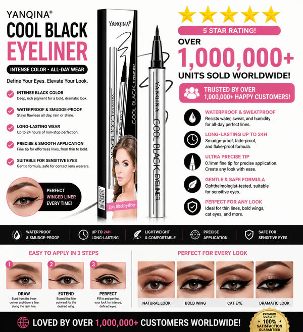YANQINA Cool Black Eyeliner Pen – Waterproof & Smudge-Proof, 24H Long-Lasting, 0.1mm Ultra-Fine Tip, Vegan & Cruelty-Free, Safe for Sensitive Eyes