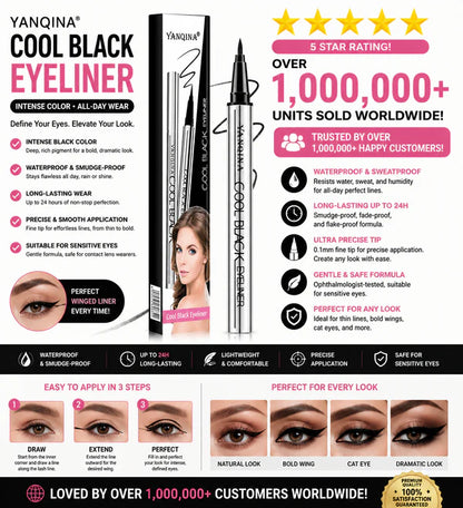 YANQINA Cool Black Eyeliner Pen – Waterproof & Smudge-Proof, 24H Long-Lasting, 0.1mm Ultra-Fine Tip, Vegan & Cruelty-Free, Safe for Sensitive Eyes