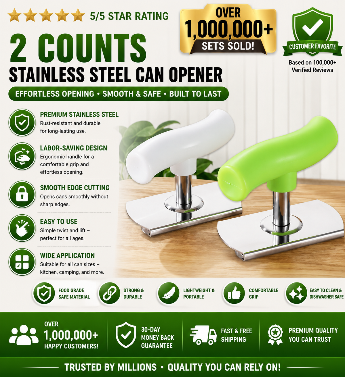 2PCS Stainless Steel Jar Opener – Adjustable, Smooth Edge, Ergonomic Handle, Easy Open Mason Jars & Cans, White + Green