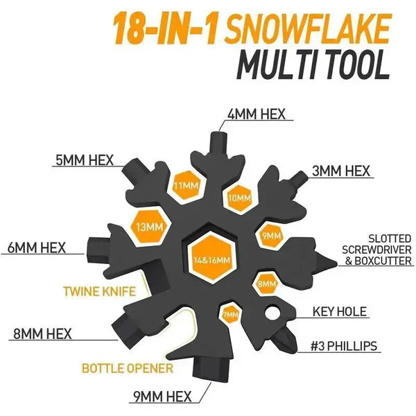 18-in-1 Snowflake Multi-Tool – Stainless Steel Portable Wrench Screwdriver & Bottle Opener, 2.3oz, Keychain Carabiner, Perfect Survival Gadget & Gift