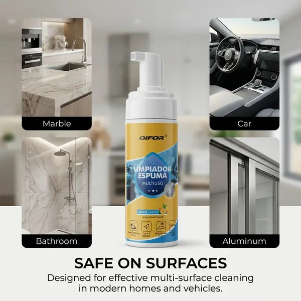 QIFOR Multi-Purpose Foam Cleaner – Heavy-Duty Grease & Stain Remover, Fresh Lemon Scent, Safe on Marble Car Bathroom Aluminum