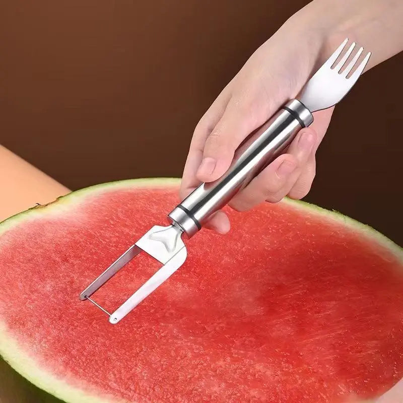 2-in-1 Watermelon Fork Slicer Cutter – 2-Pack Stainless Steel, Cuts Perfect Cubes in 4 Steps, Portable for Camping Picnics & Home Use