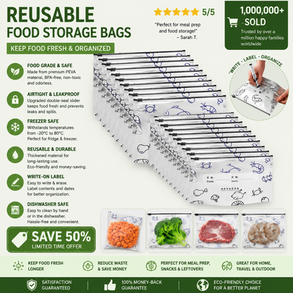 Reusable Aluminum Foil Upright Storage Bags – Thickened, Zipper Lock, Writable Label, Washable, Freezer Safe for Vegetables Fruits Meat