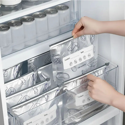 Reusable Aluminum Foil Upright Storage Bags – Thickened, Zipper Lock, Writable Label, Washable, Freezer Safe for Vegetables Fruits Meat