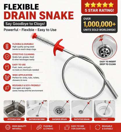 Flexible Drain Snake with 4-Claw Grabber – 78.74 Inch Bendable Spring Steel, Unclogs Hair & Grease, Retrieves Dropped Items, No Chemicals Needed