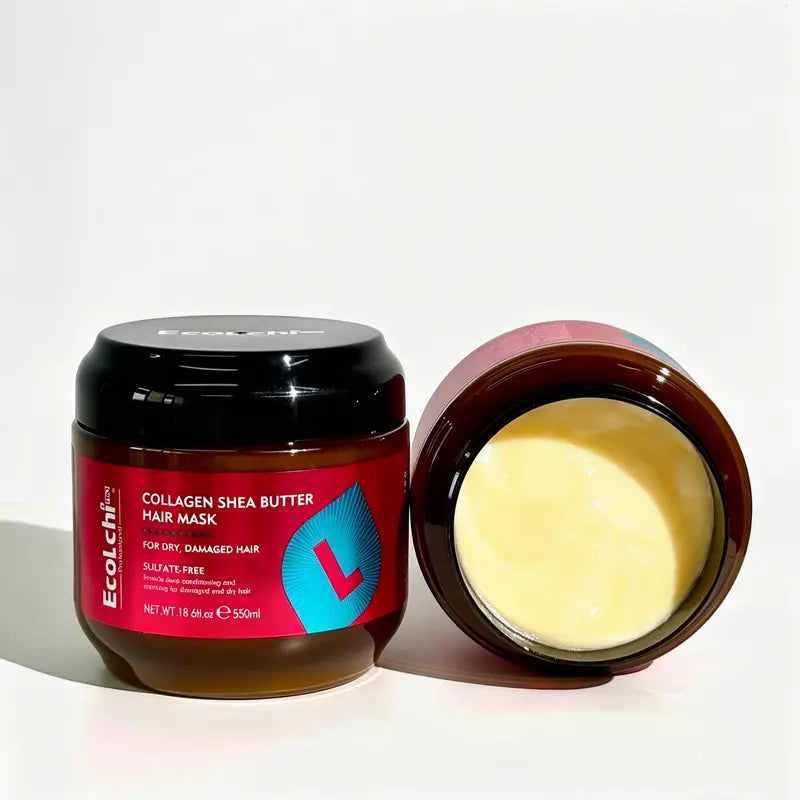 EcoLchi Collagen Shea Butter Hair Mask 550ml jar - open and closed view
