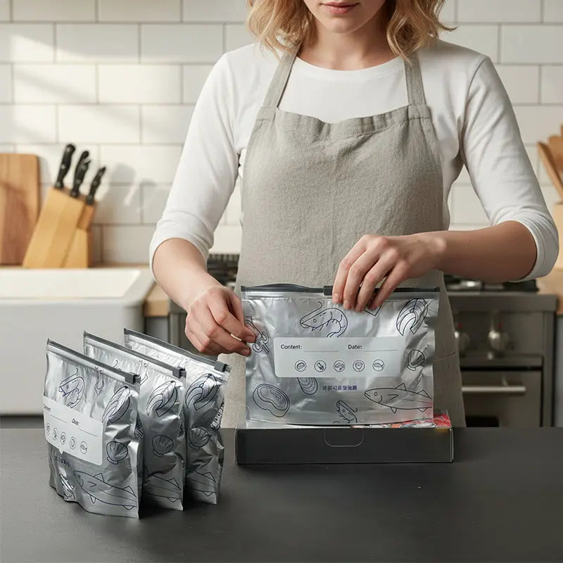 Reusable Aluminum Foil Upright Storage Bags – Thickened, Zipper Lock, Writable Label, Washable, Freezer Safe for Vegetables Fruits Meat