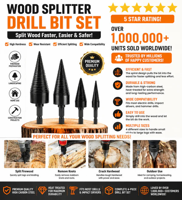 Firewood Splitter Drill Bit Set – 32mm Wood Splitting Cone, High Carbon Steel, Round + Square + Hex Shank, Fits Impact Drill Electric Hammer & Hand Drill