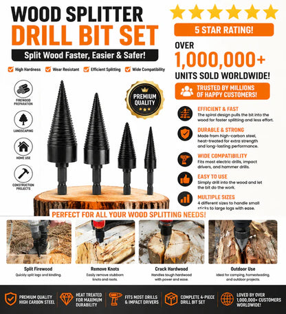 Firewood Splitter Drill Bit Set – 32mm Wood Splitting Cone, High Carbon Steel, Round + Square + Hex Shank, Fits Impact Drill Electric Hammer & Hand Drill