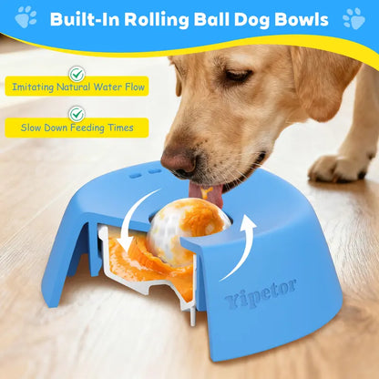 Yipetor Slow Feeder Dog Bowl – Built-in Rolling Ball, No-Spill Liquid Treat & Bone Broth Licking Bowl, All Breeds (Blue / Black / Pink)