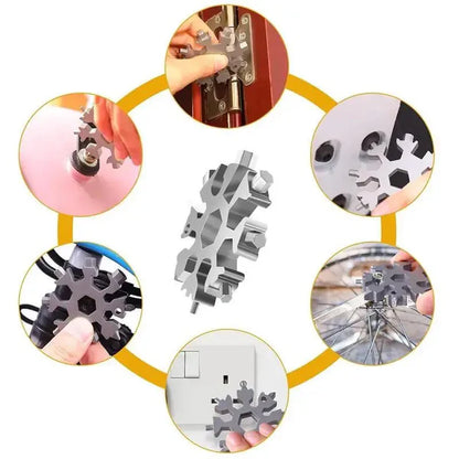 18-in-1 Snowflake Multi-Tool – Stainless Steel Portable Wrench Screwdriver & Bottle Opener, 2.3oz, Keychain Carabiner, Perfect Survival Gadget & Gift