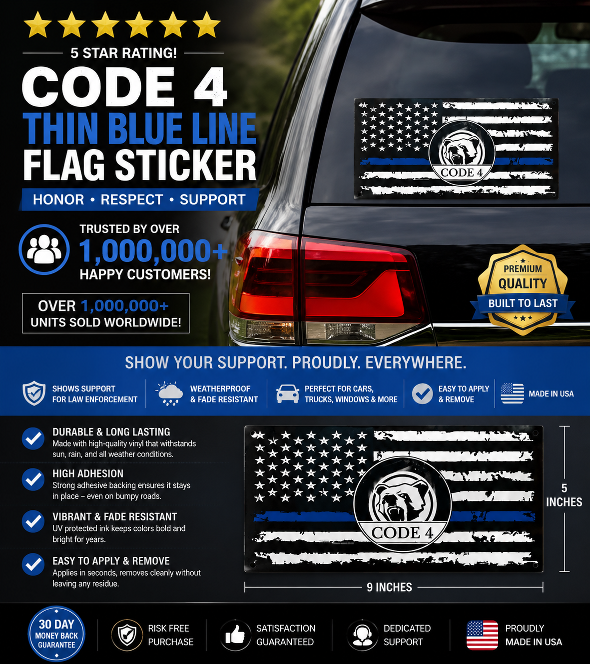 CODE 4 Thin Blue Line Flag Sticker – 9×5 Inch Weatherproof Vinyl Decal, Back the Blue Police Support, Car Laptop Helmet, Made in USA