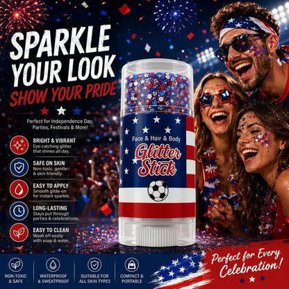 4th of July Glitter Stick – Star Series Red White & Blue Face Hair & Body Sparkle, Waterproof & Sweatproof, Easy Wash, Perfect for Independence Day Party & Festival
