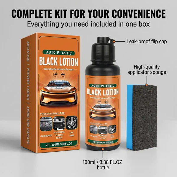 Auto Plastic Black Lotion – Car Plastic Restorer, Removes Oxidation & Fading, Waterproof Dye Infused, 100ml Kit with Applicator Sponge